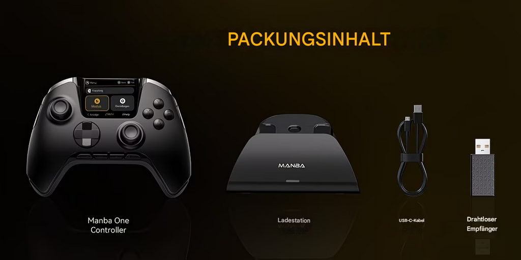 StekaShop Manba One ProController mit Display, Gamepad für Nintendo Switch, PC und Android, zeigt Tasten und Joystick.