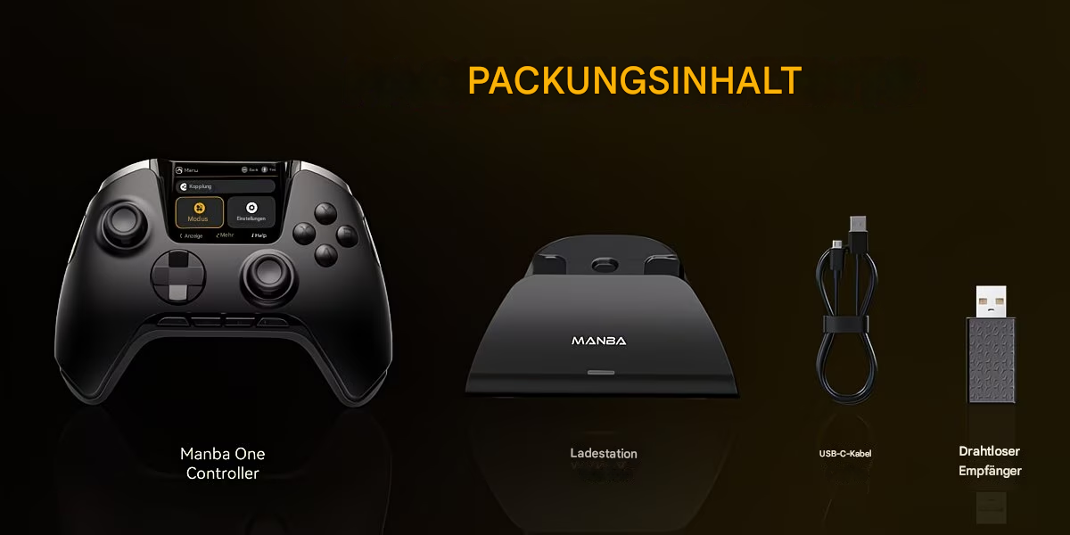 StekaShop Manba One ProController mit Display, Gamepad für Nintendo Switch, PC und Android, zeigt Tasten und Joystick.