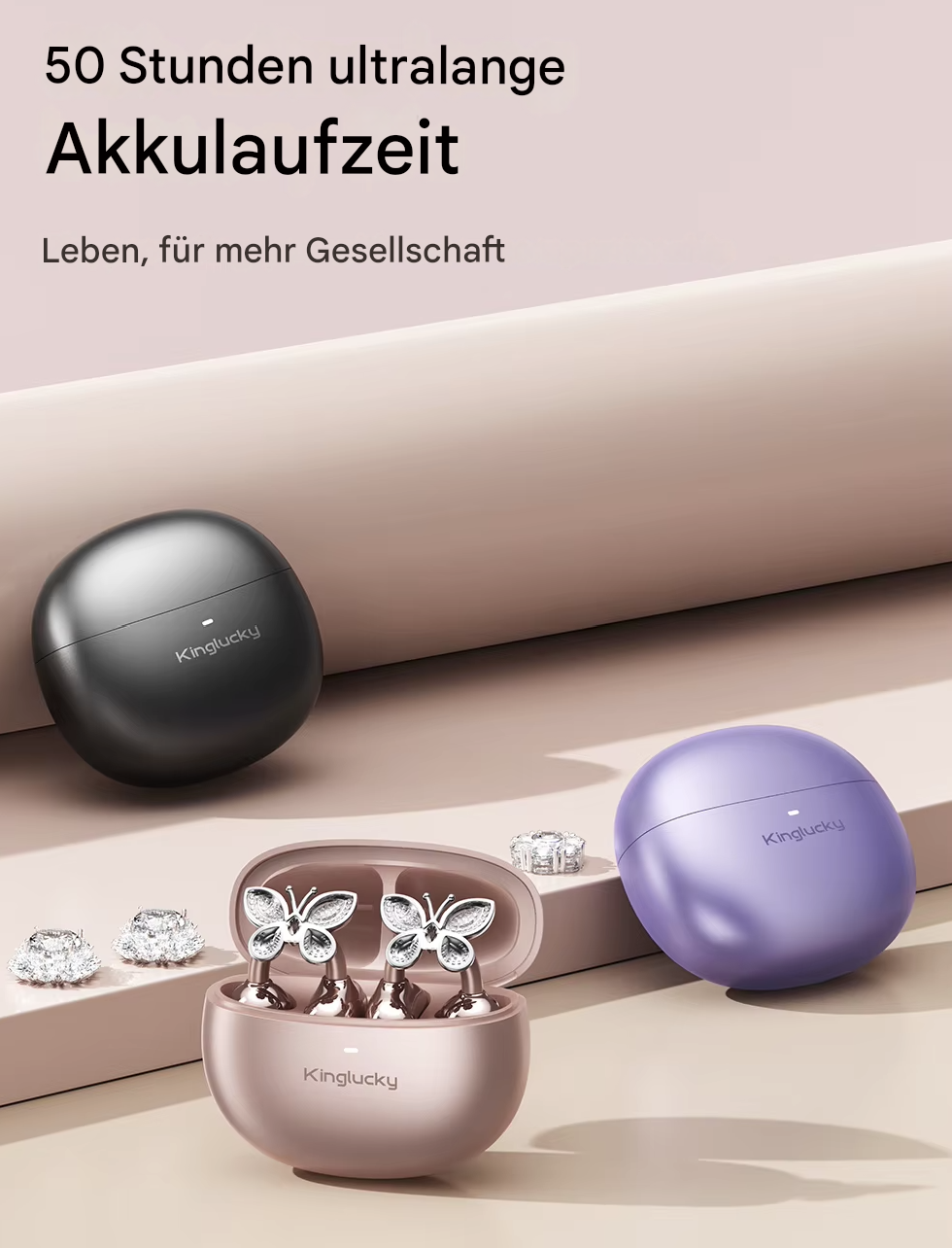 Bluetooth-Kopfhörer Steka Shop Schick Premium, rosa Gold, kabellos, mit Ohrhörern und Ladecase, auf weißem Hintergrund.