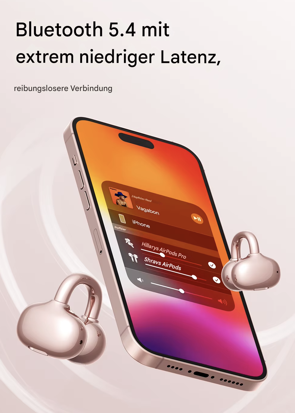 Bluetooth-Kopfhörer Steka Shop Schick Premium, rosa Gold, kabellos, mit Ohrhörern und Ladeetui im Bild