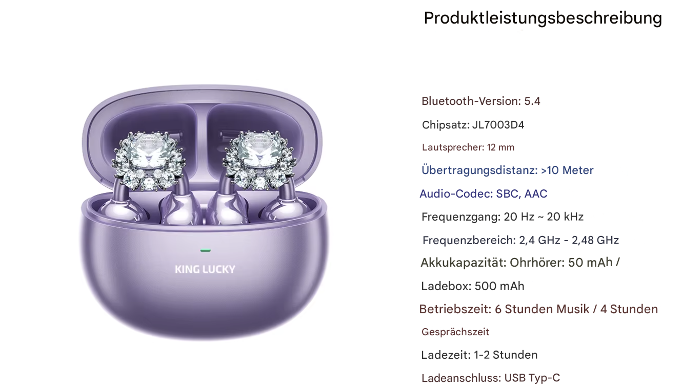 Bluetooth-Kopfhörer von Steka Shop, King Lucky TWS in Roségold, kabelloses Design, mit Ohrhörern und Ladecase.