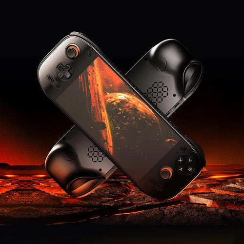 StekaShop Ayn Odin 2 Spielekonsole, schwarze Handheld-Gaming-Konsole mit Dual-Controller und Bildschirm.