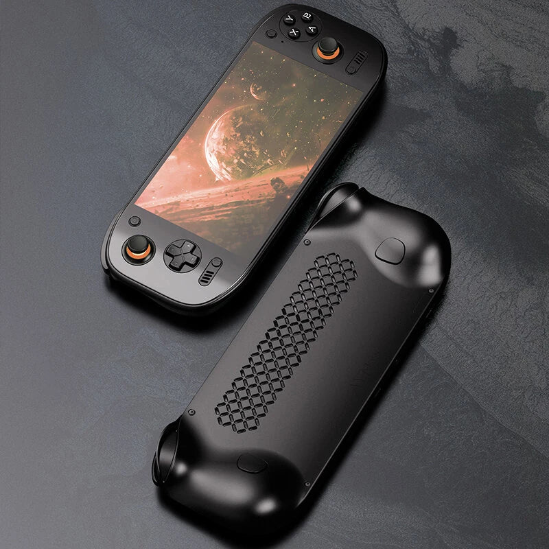 StekaShop Ayn Odin 2 Spielekonsole mit schwarzem Gehäuse und integriertem Bildschirm, ideal für Gaming unterwegs