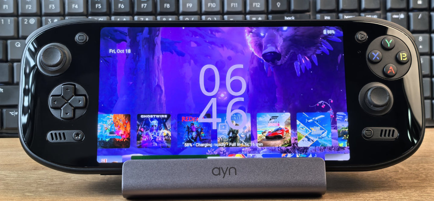 StekaShop Ayn Odin 2 Spielkonsole mit schwarzer Oberfläche und eleganten Design, ideal für Gaming und Unterhaltung.