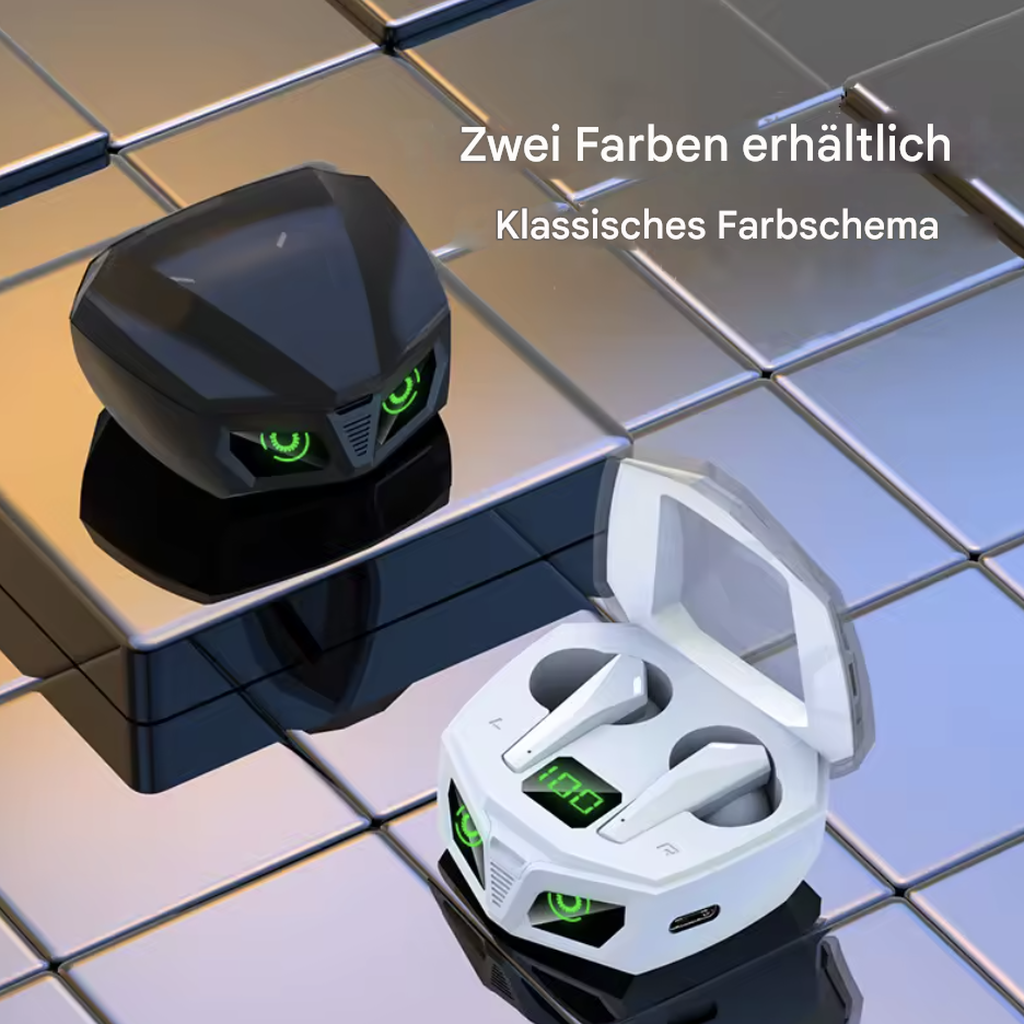 Drahtlose Bluetooth-Gaming-Kopfhörer P50 von Steka Shop, schwarze Ohrhörer mit flexiblen Bügeln und Lautstärkereglern.
