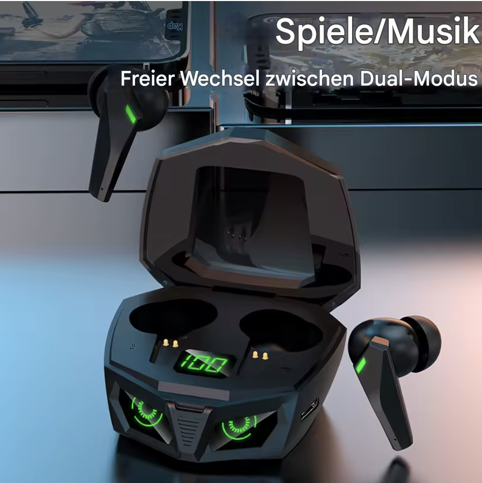 Drahtlose Bluetooth Gaming Kopfhörer P50 von Steka Shop, schwarze TWS-Kopfhörer mit Ohrmuscheln und integriertem Mikrofon.