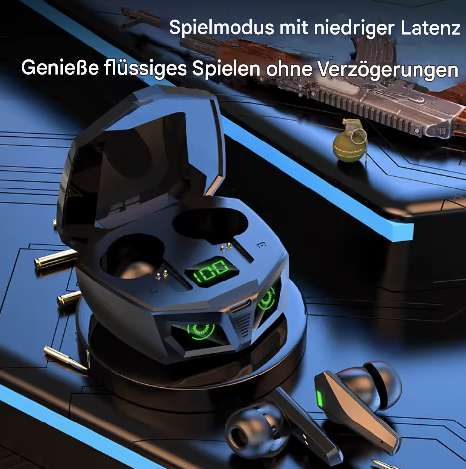 Drahtlose Bluetooth-Gaming-Kopfhörer P50 von Steka Shop, schwarze In-Ear-Kopfhörer mit weichem Ohrbügel und Bedienungselementen