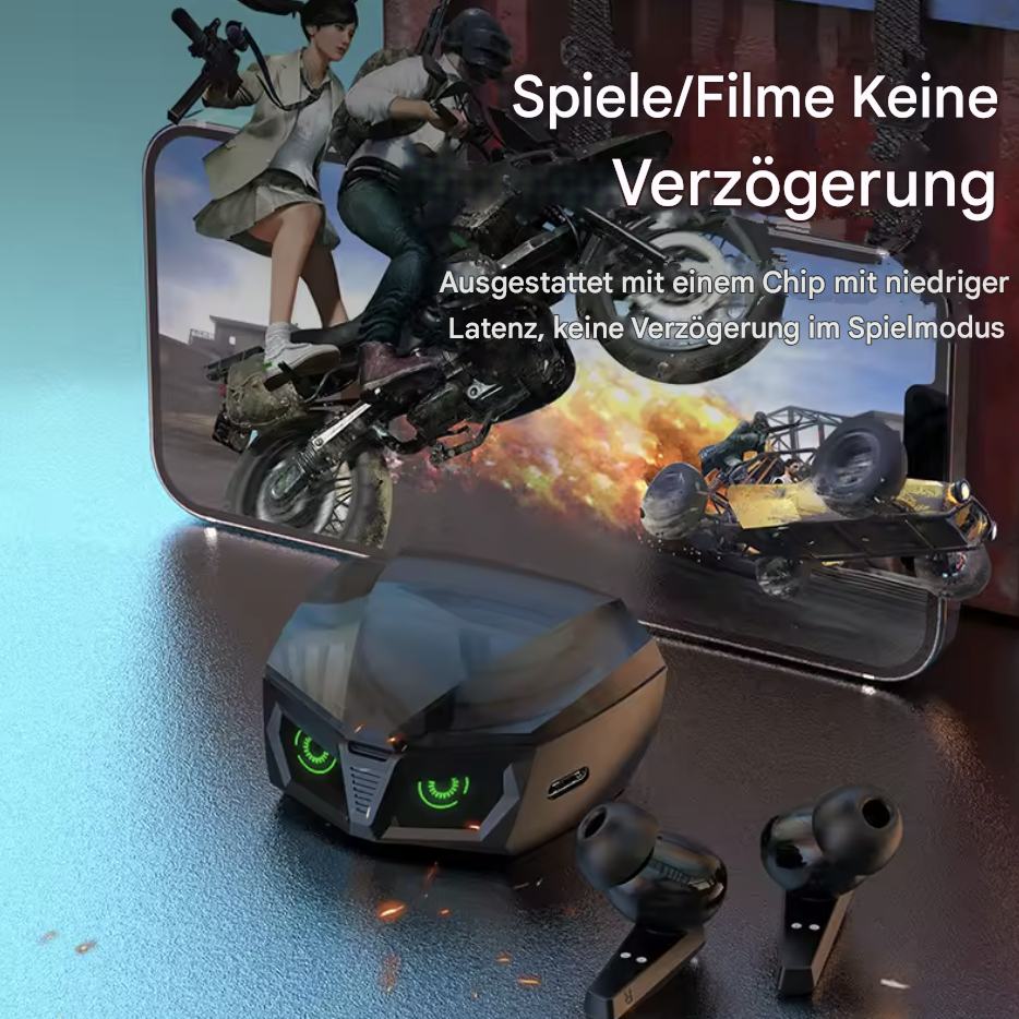 Kabellose P50 Bluetooth Gaming-Kopfhörer von Steka Shop, schwarze Ohrhörer mit kabellosem Design und Gaming-Design.
