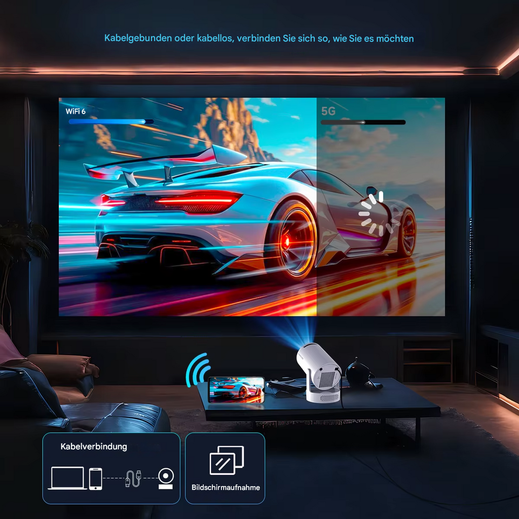 StekaShop Magcubic HY300 Pro+ Beamer, Projektor mit 8K-Auflösung, zeigt die Frontansicht mit Objektiv und Lüftungsschlitzen
