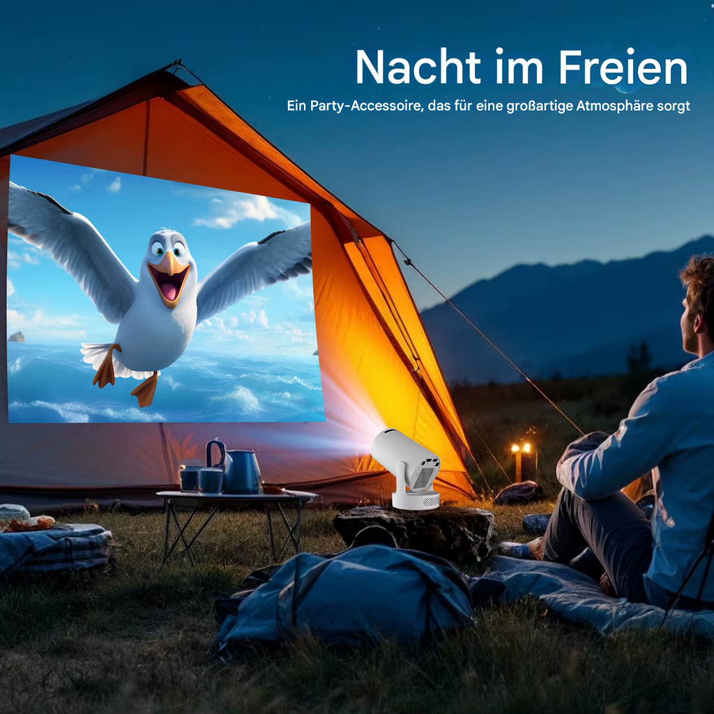 StekaShop Magcubic HY300 Pro+ 8K Beamer mit Projektionslinse und Bedienelementen auf schwarzem Hintergrund
