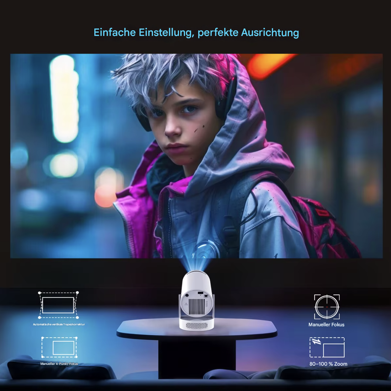 StekaShop Magcubic HY300 Pro+ 8K Beamer, Projektor mit großem Bildschirm und hochwertiger Bildqualität, auf einem weißen Hintergrund.