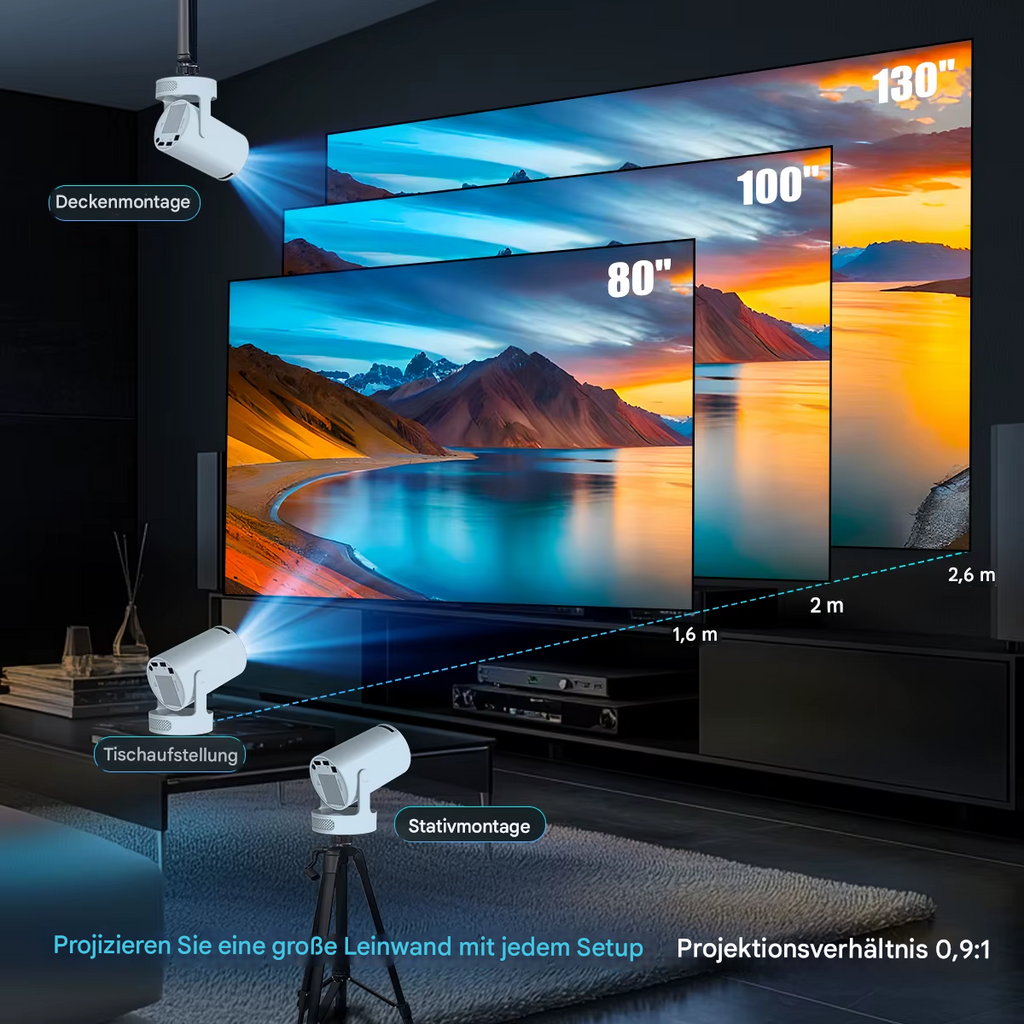 StekaShop Magcubic HY300 Pro+ 8K Beamer mit großer Projektionsfläche und modernen Anschlussmöglichkeiten, auf einem Tisch stehend