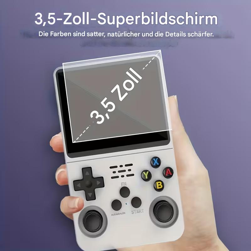 R36S Retro Handheld Konsole von StekaShop mit 64GB Speicher und Linux, zeigt die tragbare Spielekonsole mit 3.5-Zoll Display
