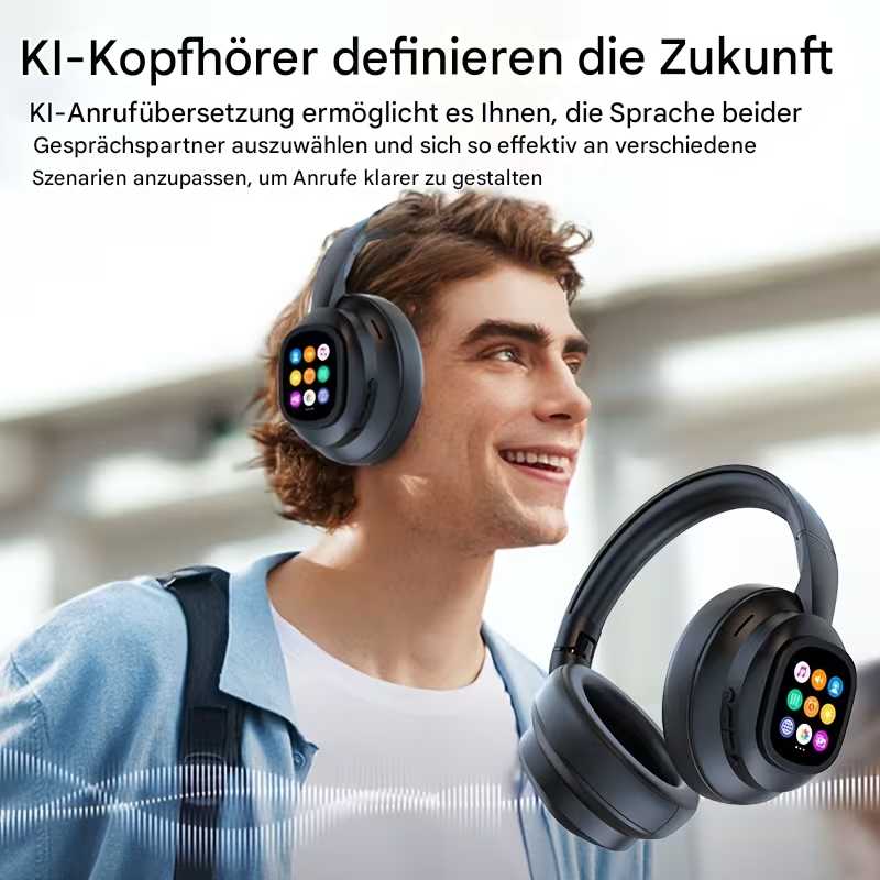 Hyundai AI Kopfhörer von StekaShop mit Touchscreen und AI-Übersetzer, sichtbare Kopfhörer mit Bedienelementen und Touchscreen-Display