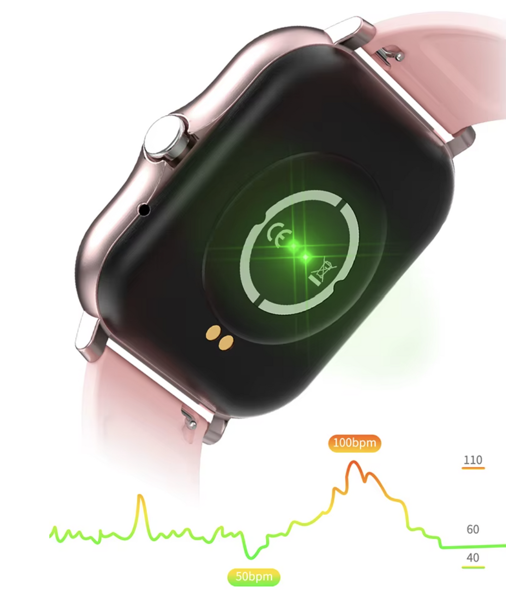 Smartwatch für Männer und Damen von Steka Shop, Fitness-Uhr mit Digitaldisplay und Sportfunktionen, auf schwarzem Hintergrund.