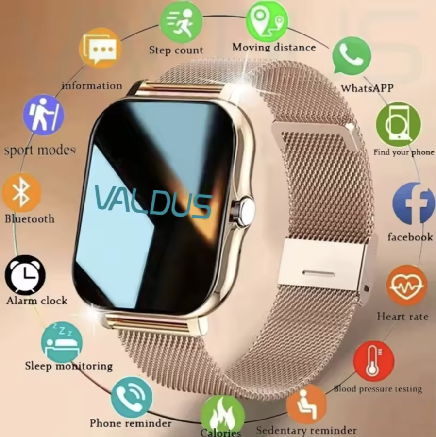 Smartwatch für Männer und Damen von Steka Shop, Fitness-Uhr mit goldfarbenem Armband und digitalem Display.