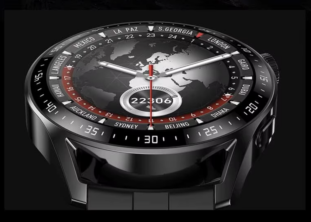 Schwarze Smartwatch mit 1,5-Zoll-Display für Sportaktivitäten, von Steka Shop, zeigt Uhr und Fitness-Tracking auf dem Bildschirm.