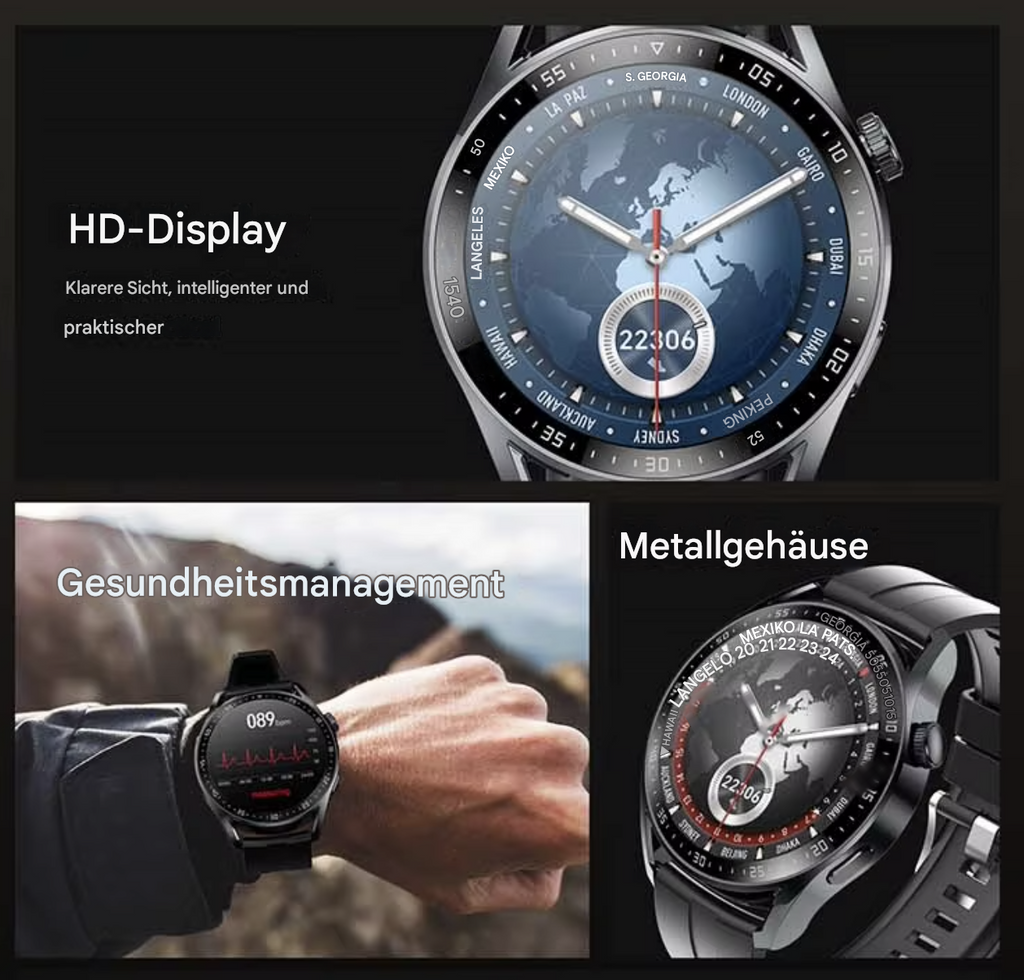 Schwarze Smartwatch mit 1,5-Zoll-Display für Sport, von Steka Shop, zeigt die Uhr und sportliche Funktionen.