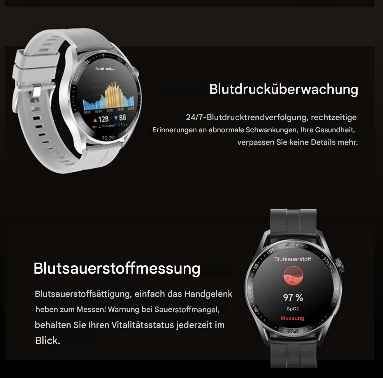 Schwarze Smartwatch mit 1,5-Zoll-Display für Sport, von Steka Shop, zeigt die Uhrzeit und Fitness-Tracking auf dem Bildschirm.