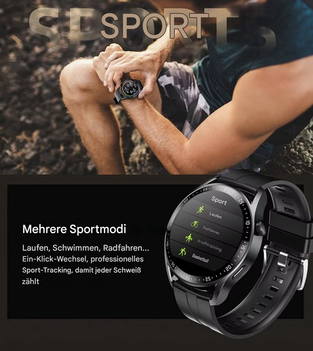 Schwarze Smartwatch von Steka Shop mit 1,5-Zoll-Display, geeignet für sportliche Aktivitäten, zeigt die Uhransicht auf dem Bildschirm.