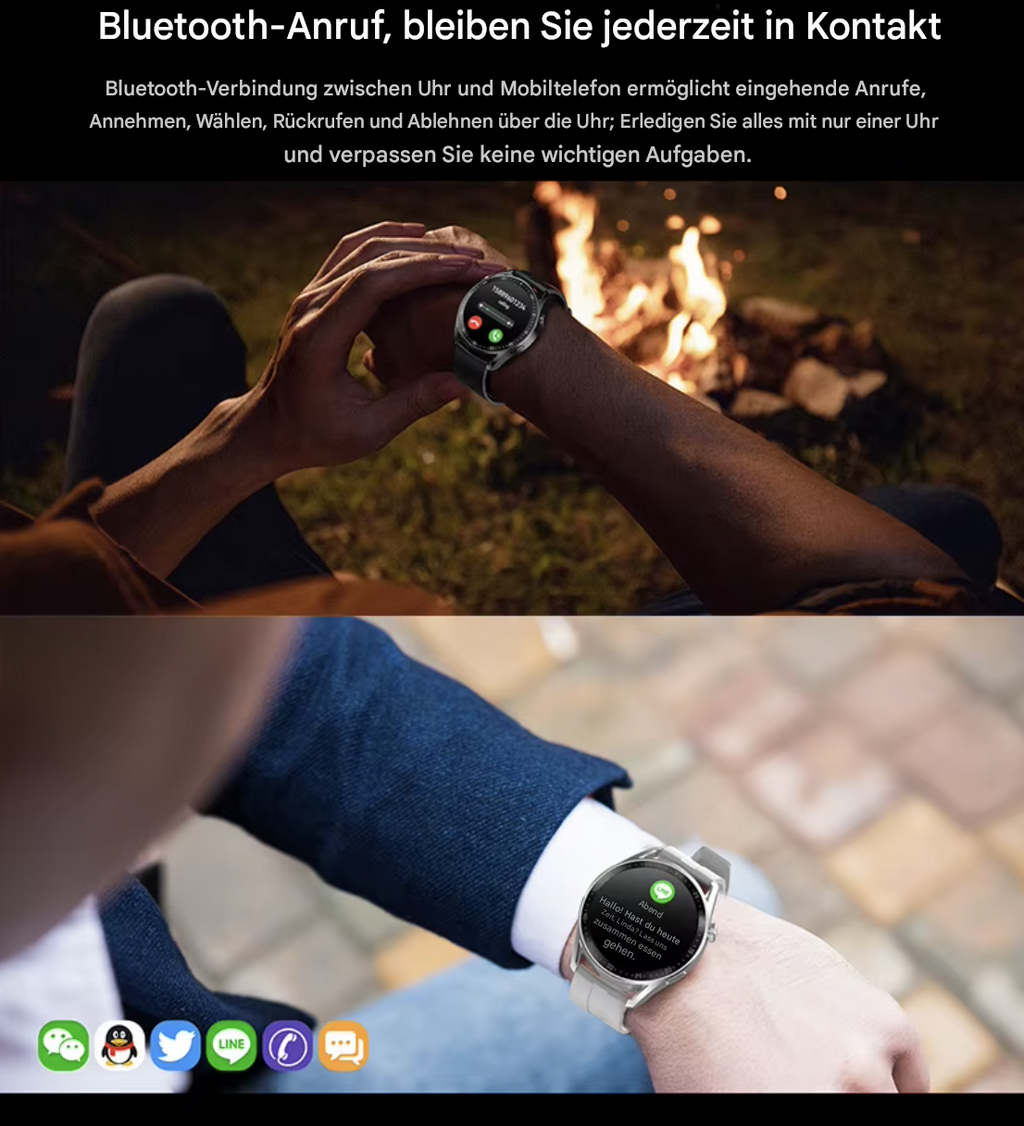 Schwarze Smartwatch mit 1,5-Zoll-Display für Sport, von Steka Shop, zeigt die Uhr am Handgelenk.