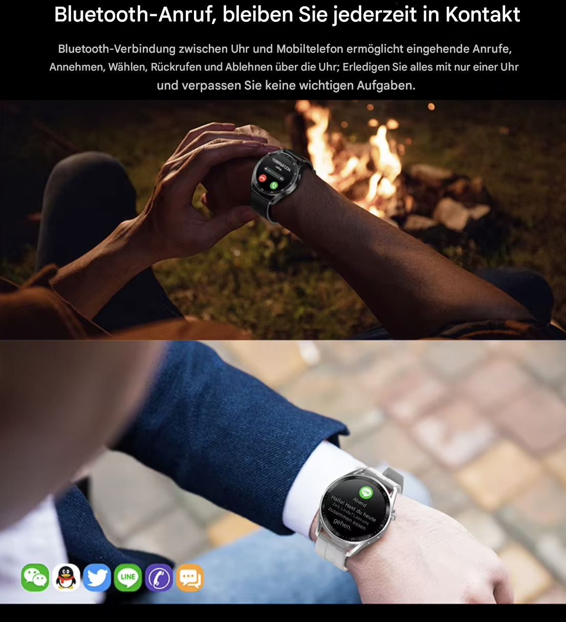 Schwarze Smartwatch mit 1,5-Zoll-Display für Sport, von Steka Shop, zeigt die Uhr am Handgelenk.