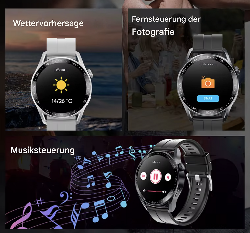 Schwarze Sport-Smartwatch mit 1,5-Zoll-Display von Steka Shop, zeigt die Uhrzeit und Fitness-Tracking auf dem Bildschirm.