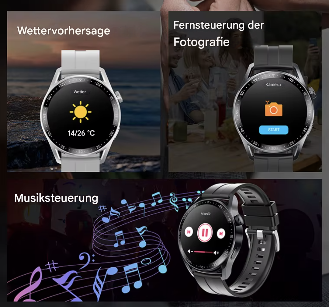 Schwarze Sport-Smartwatch mit 1,5-Zoll-Display von Steka Shop, zeigt die Uhrzeit und Fitness-Tracking auf dem Bildschirm.