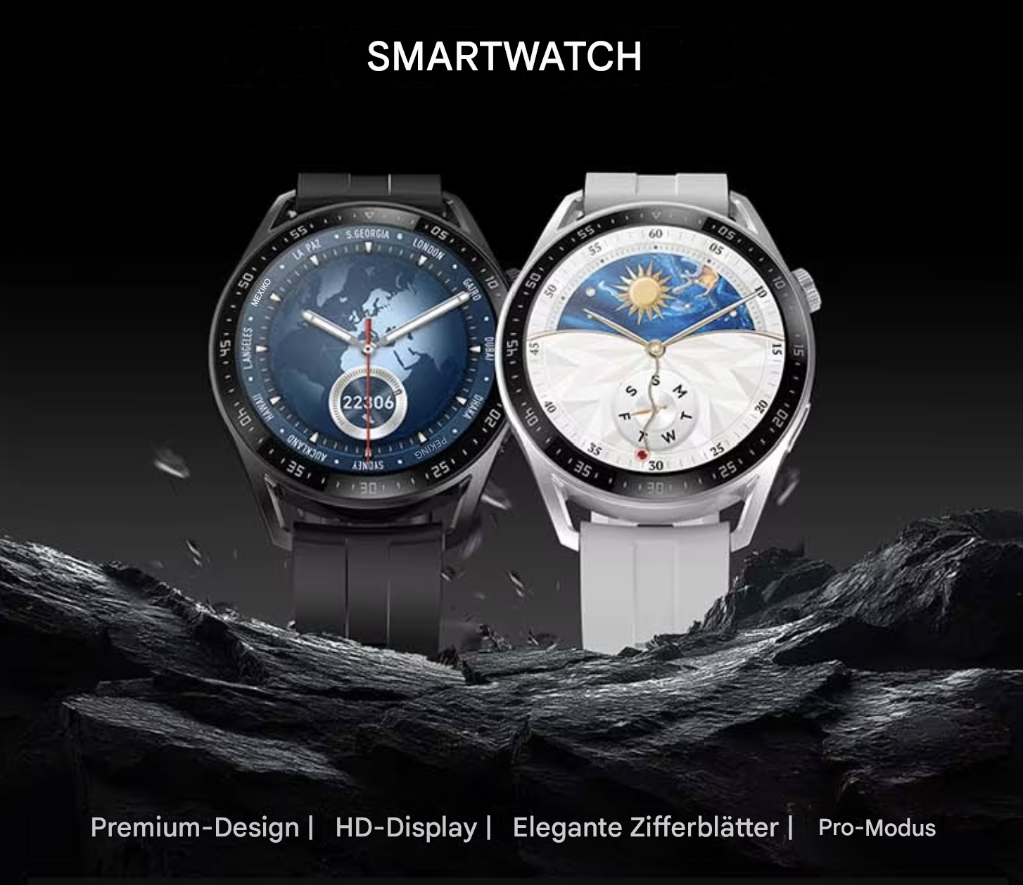 Silberne Smartwatch mit 1,5-Zoll-Display für Sport, zeigt die Uhrzeit und Fitness-Tracking auf einem schwarzen Armband.