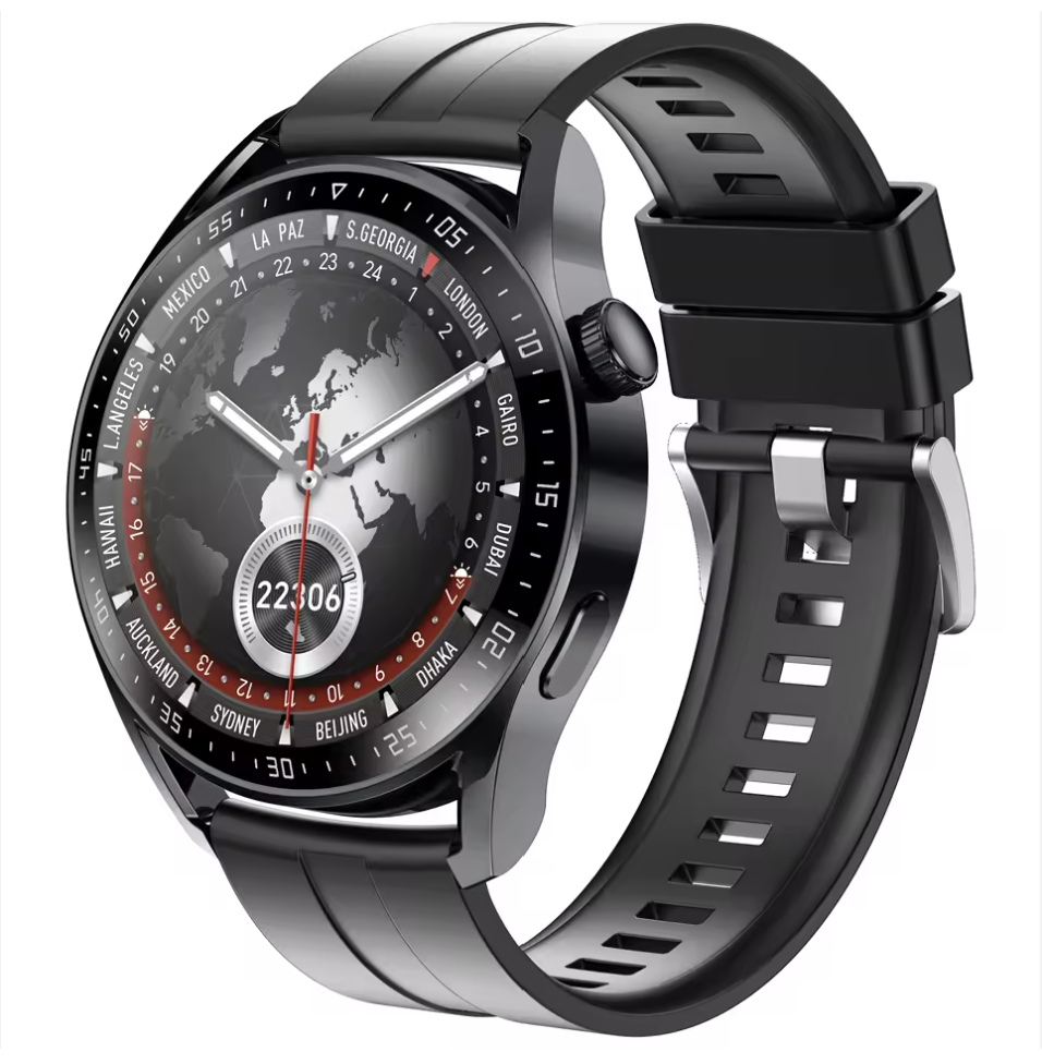Schwarze Sport-Smartwatch mit 1,5-Zoll-Display von Steka Shop, zeigt Fitness- und Benachrichtigungsfunktionen.