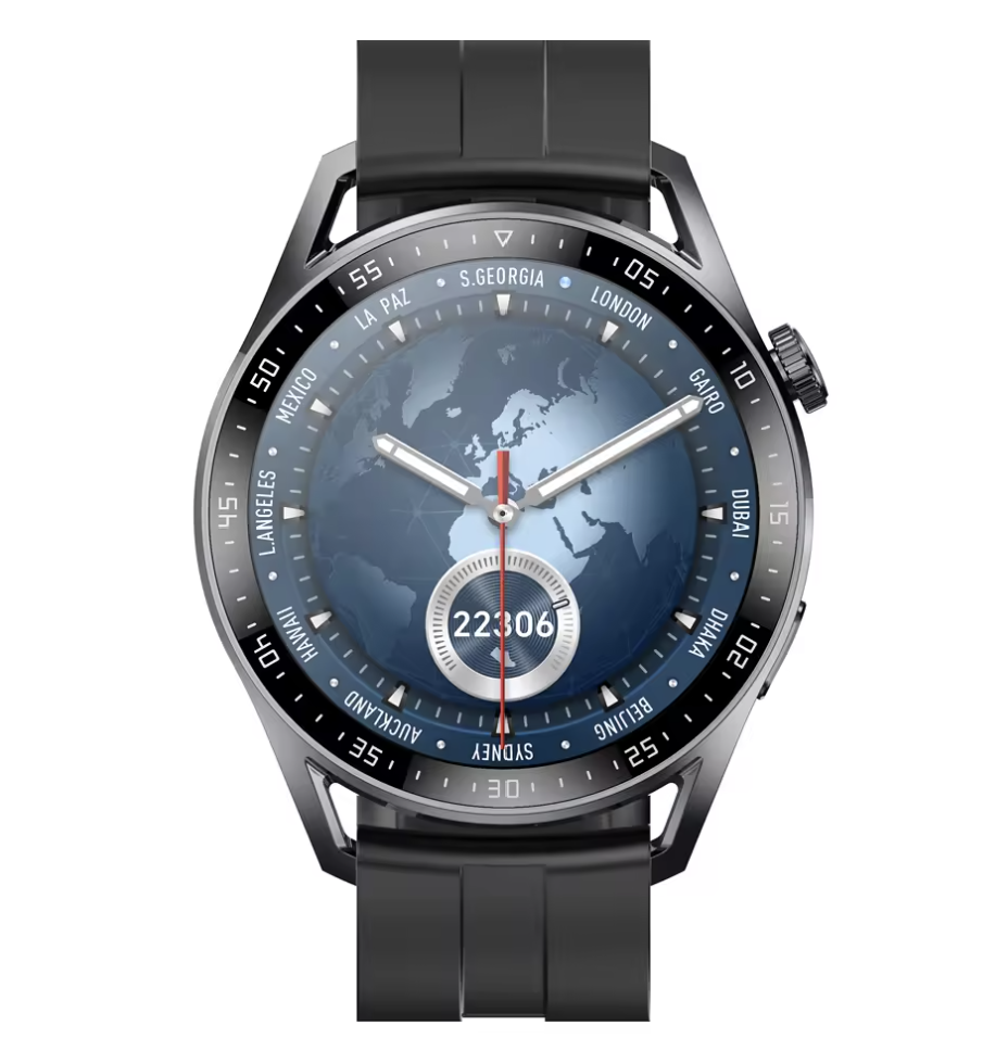 Schwarze Smartwatch mit 1,5-Zoll-Display für Sportaktivitäten von Steka Shop, zeigt die Uhr an einem Handgelenk.