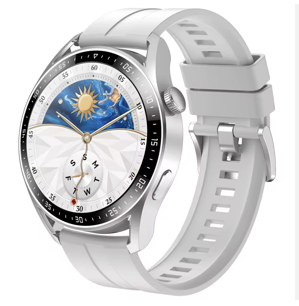 Silberne Sport-Smartwatch von Steka Shop mit 1,5-Zoll-Display, zeigt die Uhrzeit und Fitness-Tracking auf dem Bildschirm