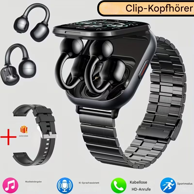 Smartwatch und Clip-On Kopfhörer von StekaShop, modernes 2-in-1 Wearable mit digitaler Uhr und kabellosen Ohrhörern.