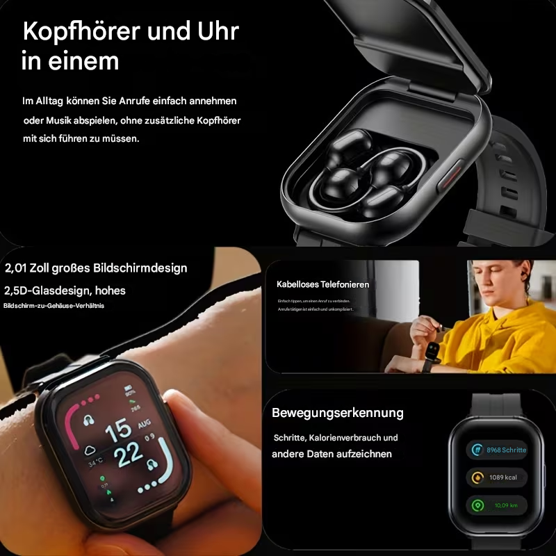 Smartwatch mit Clip-On Kopfhörern von StekaShop, elegantes 2-in-1 Wearable mit digitaler Anzeige und kabellosen Kopfhörern.