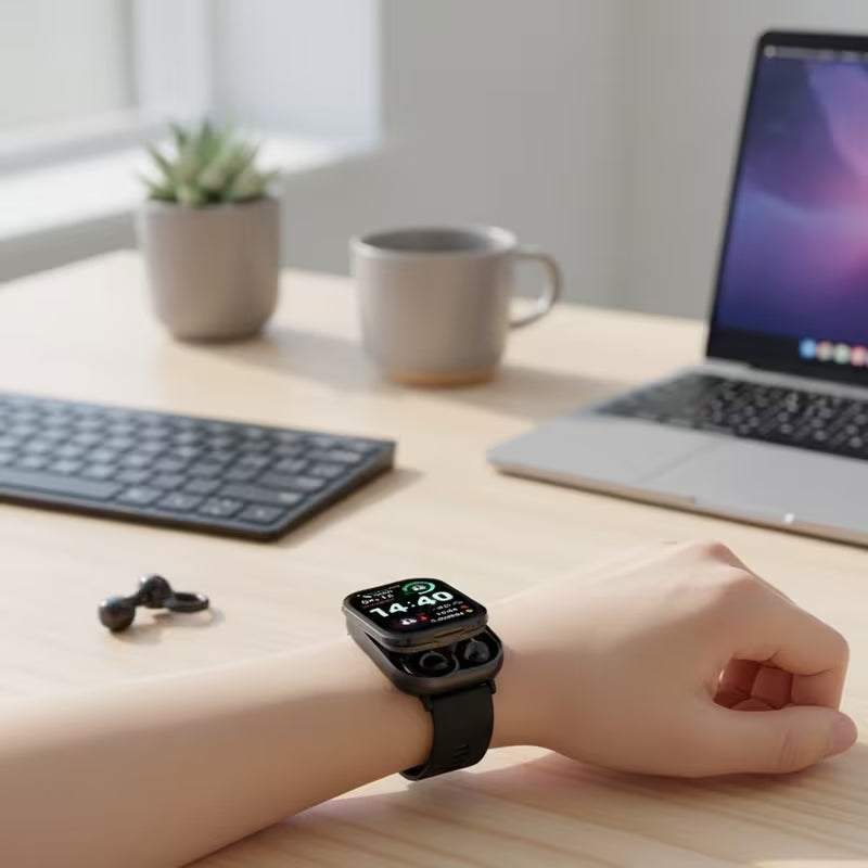 Smartwatch und Clip-On Kopfhörer von StekaShop, modernes 2-in-1 Gerät mit digitalem Zifferblatt und tragbaren Ohrhörern.