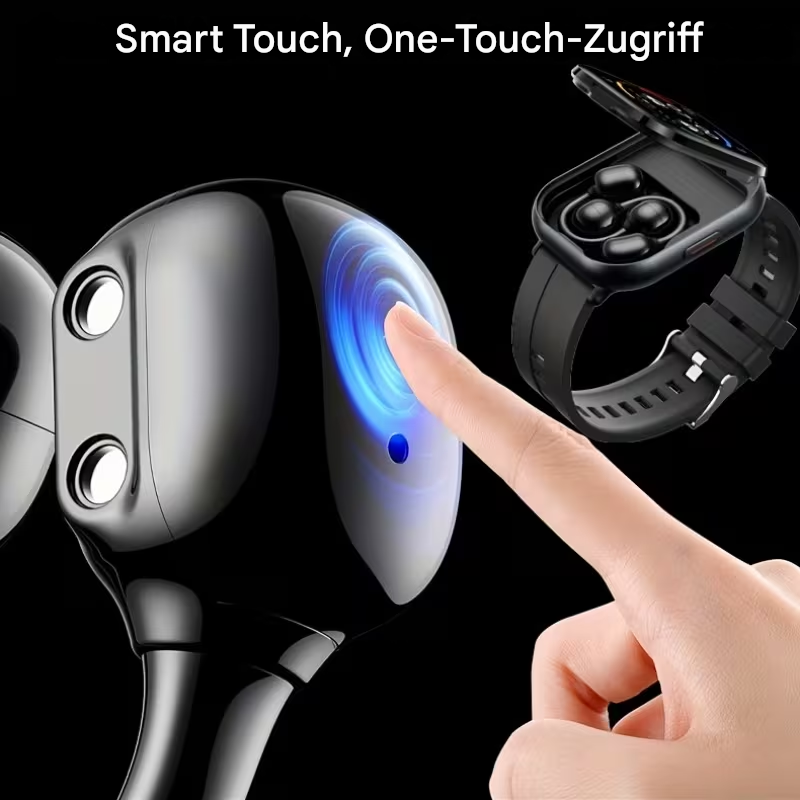Smartwatch und Clip-On Kopfhörer von StekaShop, elegantes 2-in-1 Wearable mit Bildschirm und kabellosen Ohrhörern.