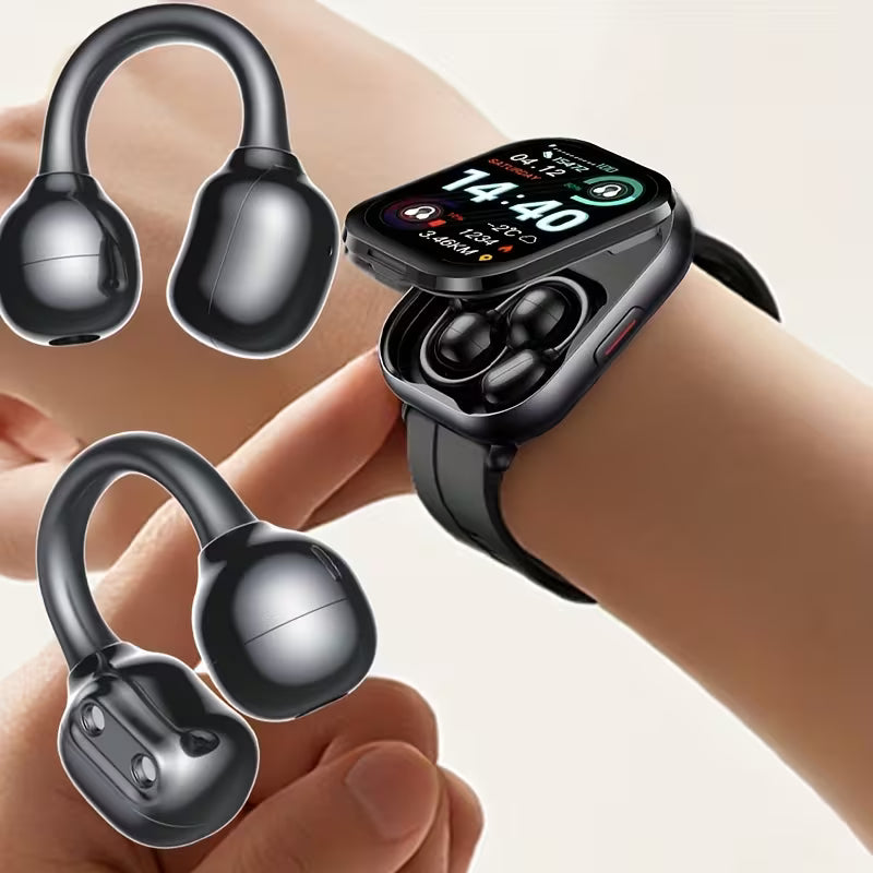 Smartwatch mit Clip-On Kopfhörern von StekaShop, elegantes 2-in-1 Wearable mit Bildschirm und kabellosen Ohrhörern.