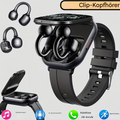 Schwarze Smartwatch mit Clip-On Kopfhörern von StekaShop, modernes 2-in-1 Wearable mit digitalem Zifferblatt und kabellosen Kopfhörern