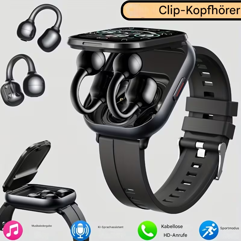 Schwarze Smartwatch mit Clip-On Kopfhörern von StekaShop, modernes 2-in-1 Wearable mit digitalem Zifferblatt und kabellosen Kopfhörern
